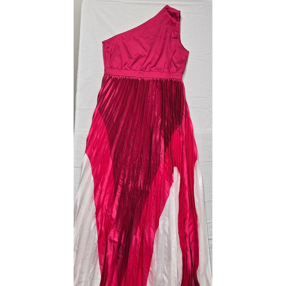 New York & Company One Shoulder Pleated Maxi Dress Pink Colorblock Satin Size M